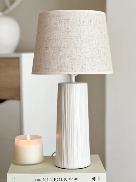Textured base ceramic lamp with beige linen shade