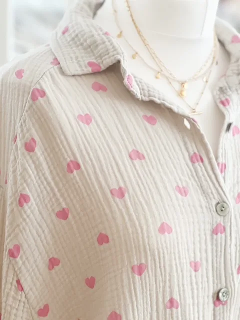 Taupe and pink heart cotton gauze button shirt