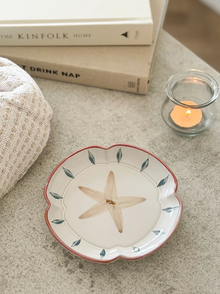 Beautiful hand painted fluted stoneware starfish plate