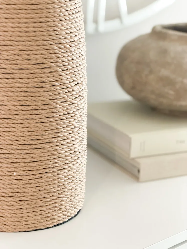 Very large statement woven lamp with linen shade