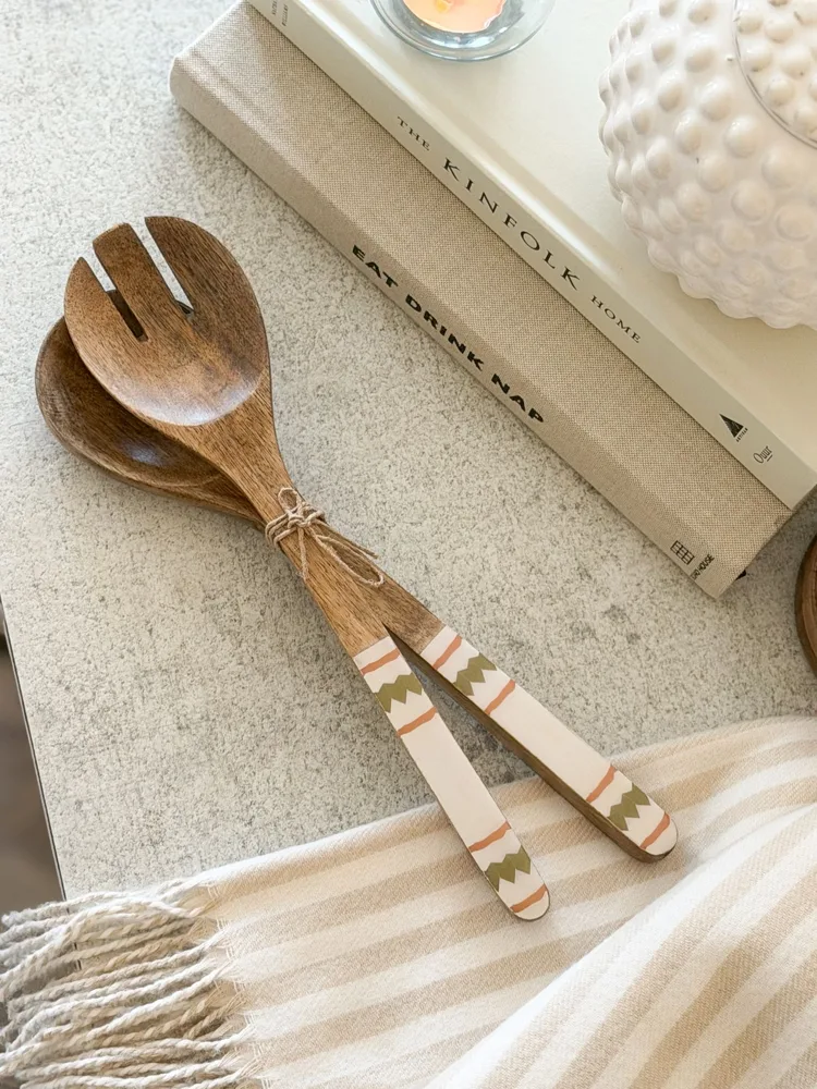 Wooden salad servers with decorative handles