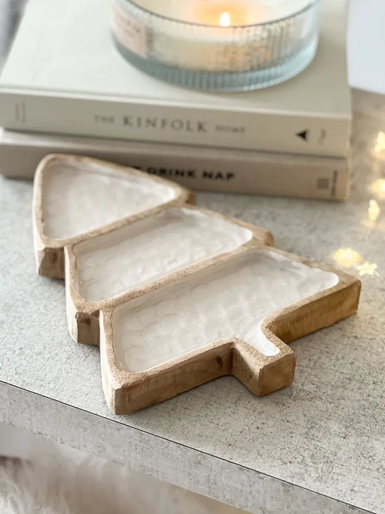 Mango wood and enamel Christmas tree platter