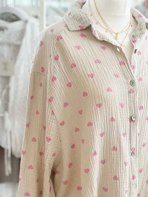Taupe and pink heart cotton gauze button shirt