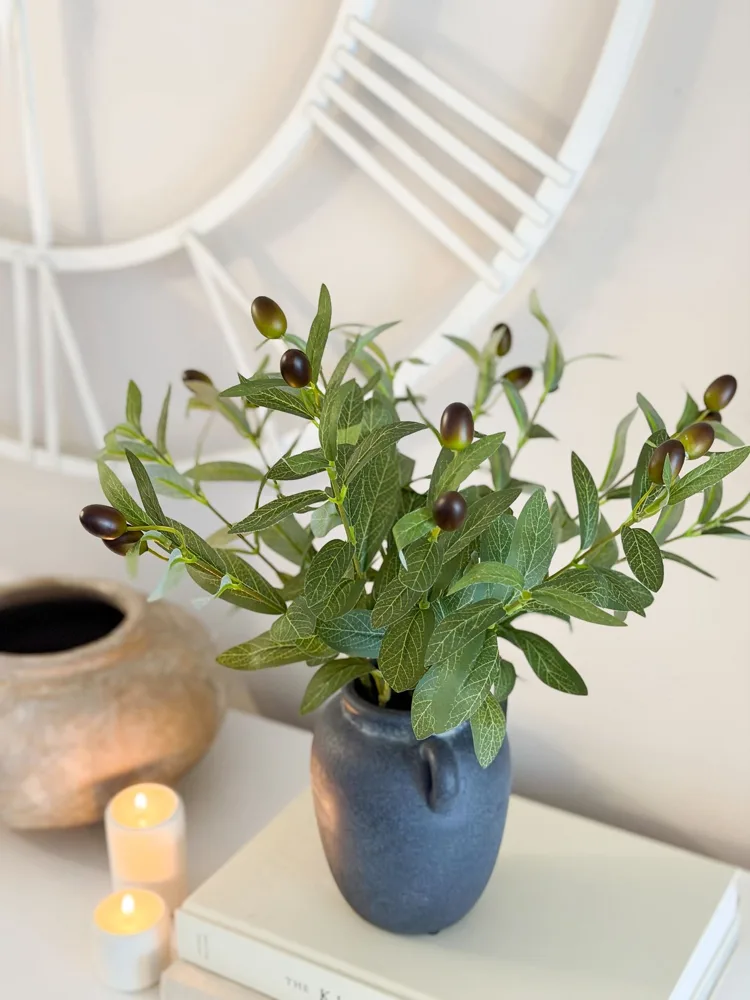 Faux olive tree in rustic style handled pot