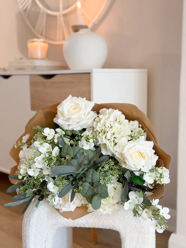 Luxury quality very large hand tied bouquet of wrapped faux flowers