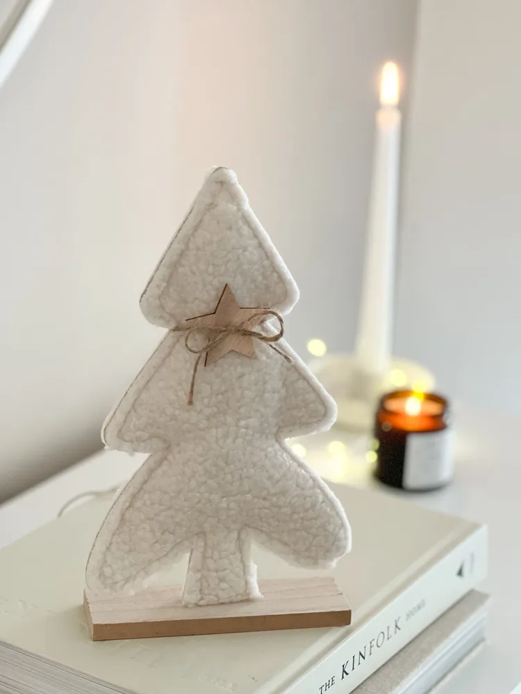 Sherpa boucle Christmas tree on wooden base with star