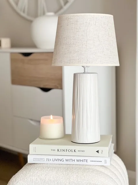 Textured base ceramic lamp with beige linen shade