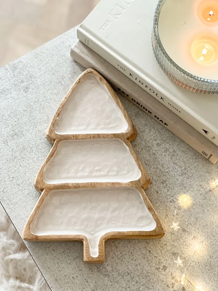 Mango wood and enamel Christmas tree platter