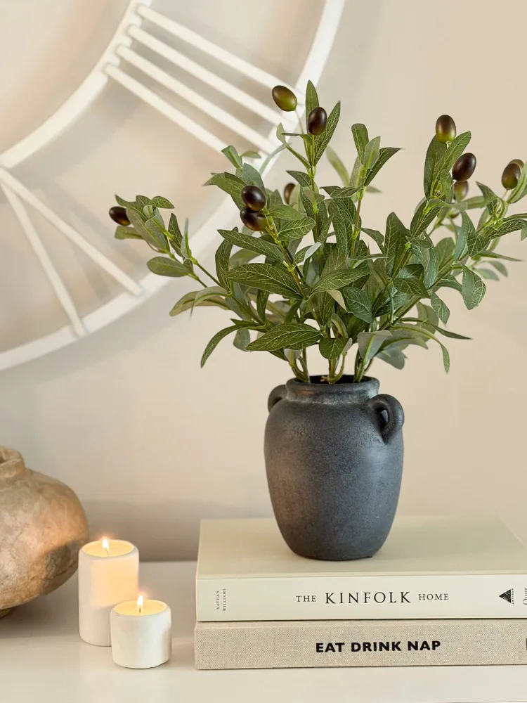 Faux olive tree in rustic style handled pot