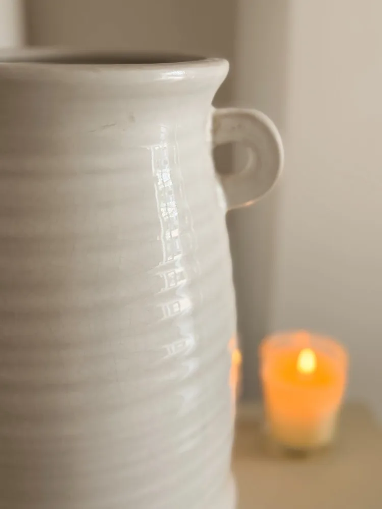 Crackle glaze ceramic white vase with decorative handles