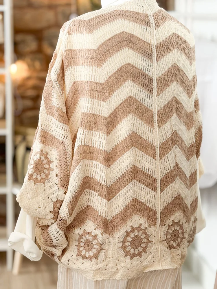 Balloon sleeve crochet knit cardigan