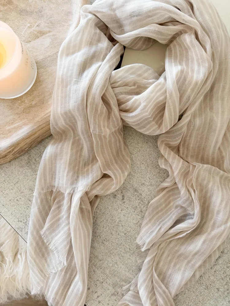 Loose weave light beige frayed edge stripe scarf