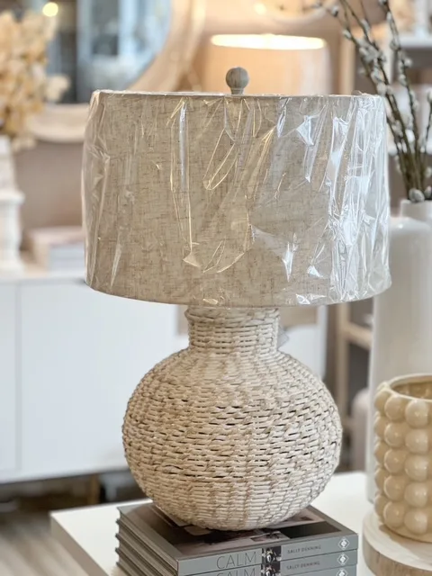 White wash bulbous wicker lamp with natural shade