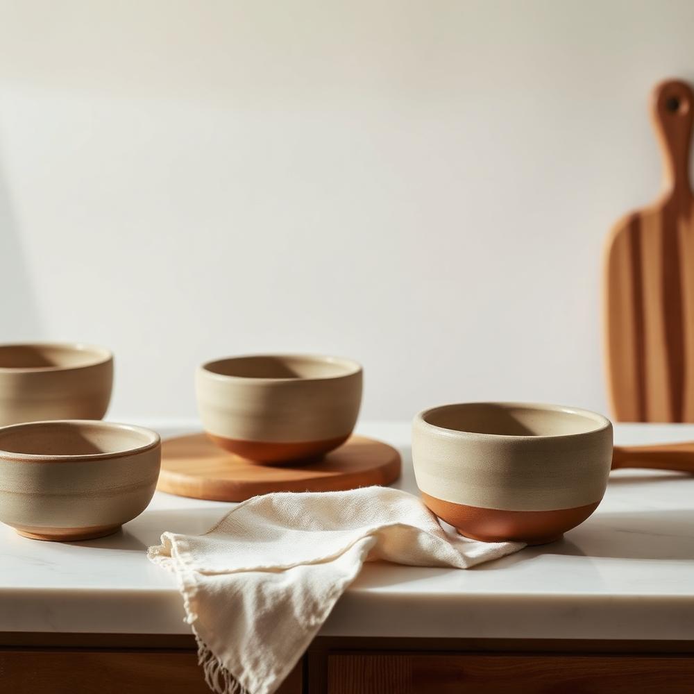 Warm neutral stoneware plates and bowls stacked on a kitchen counter