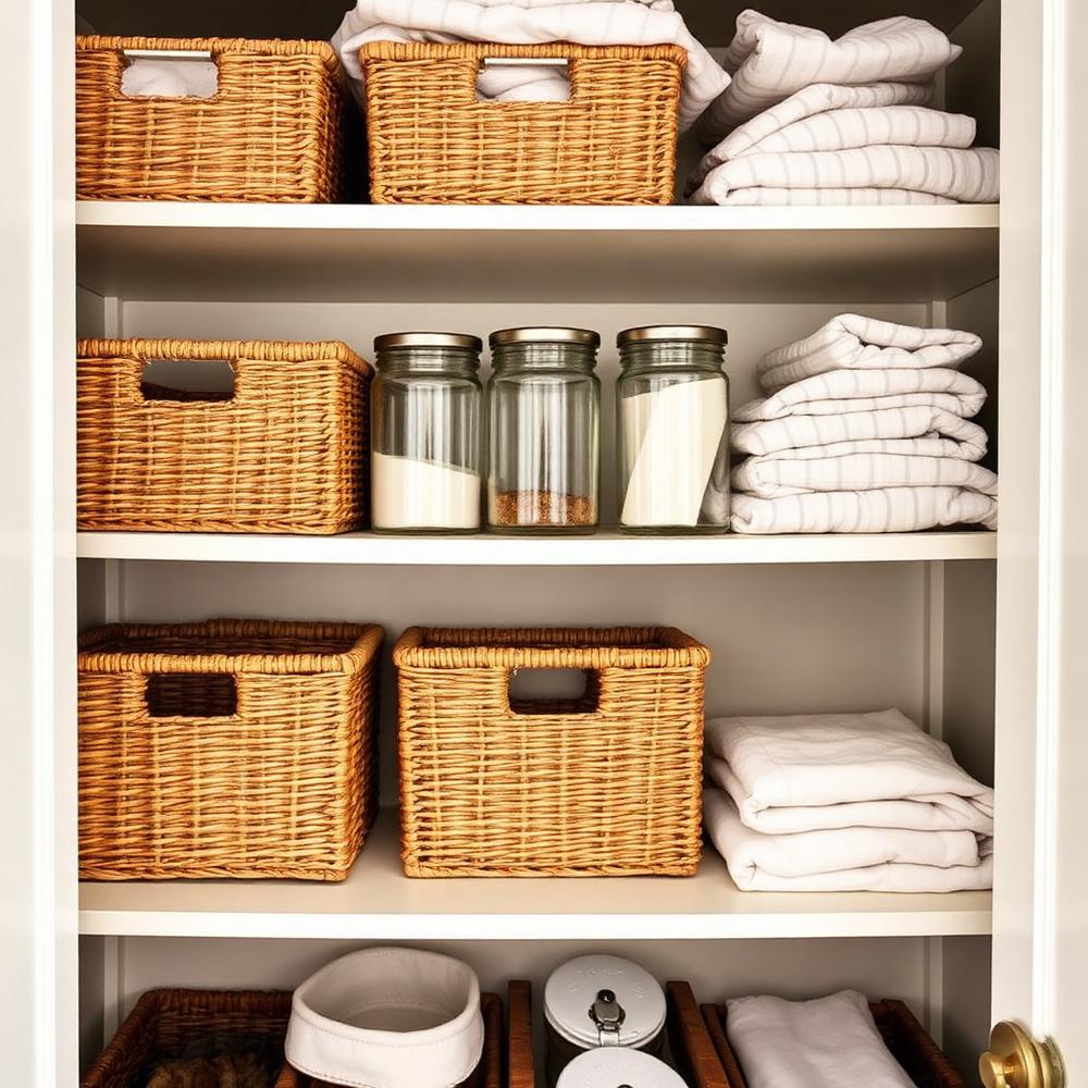 Open pantry shelves with woven baskets and glass canisters